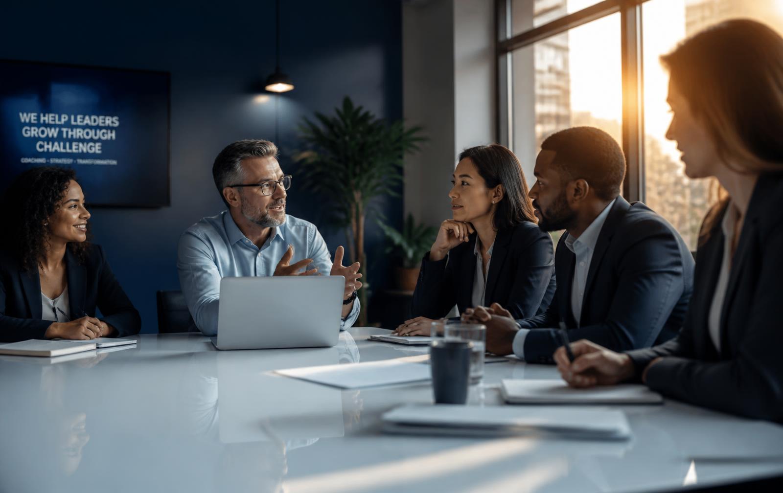 A leadership team in discussion around a conference table